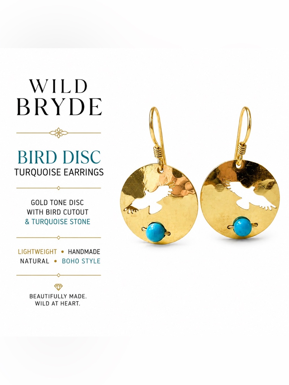 Wild Bryde Bird Cutout Disc Earrings Turquoise Gold Tone Boho Dangle